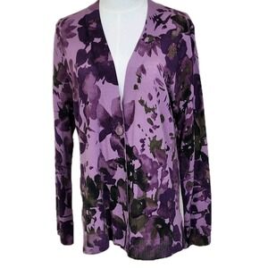 Pendleton Sweater Cardigan Womens Large Purple Floral Merino Wool V Neck Knit